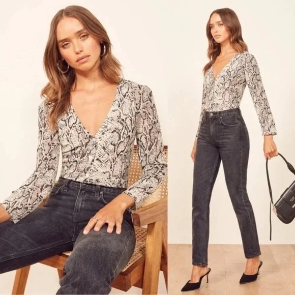 New Reformation Eliana Button Down Top In Snakeskin - Picture 1 of 10